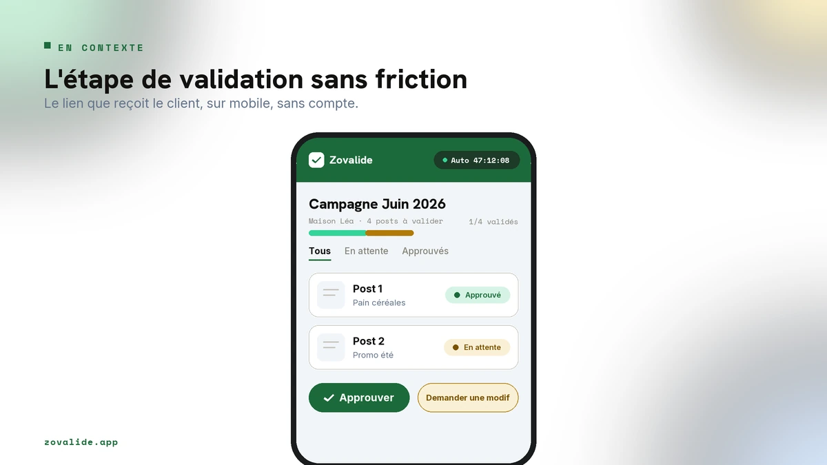L'écran de validation que reçoit le client, ouvert sur mobile sans aucun compte à créer, la friction de validation supprimée