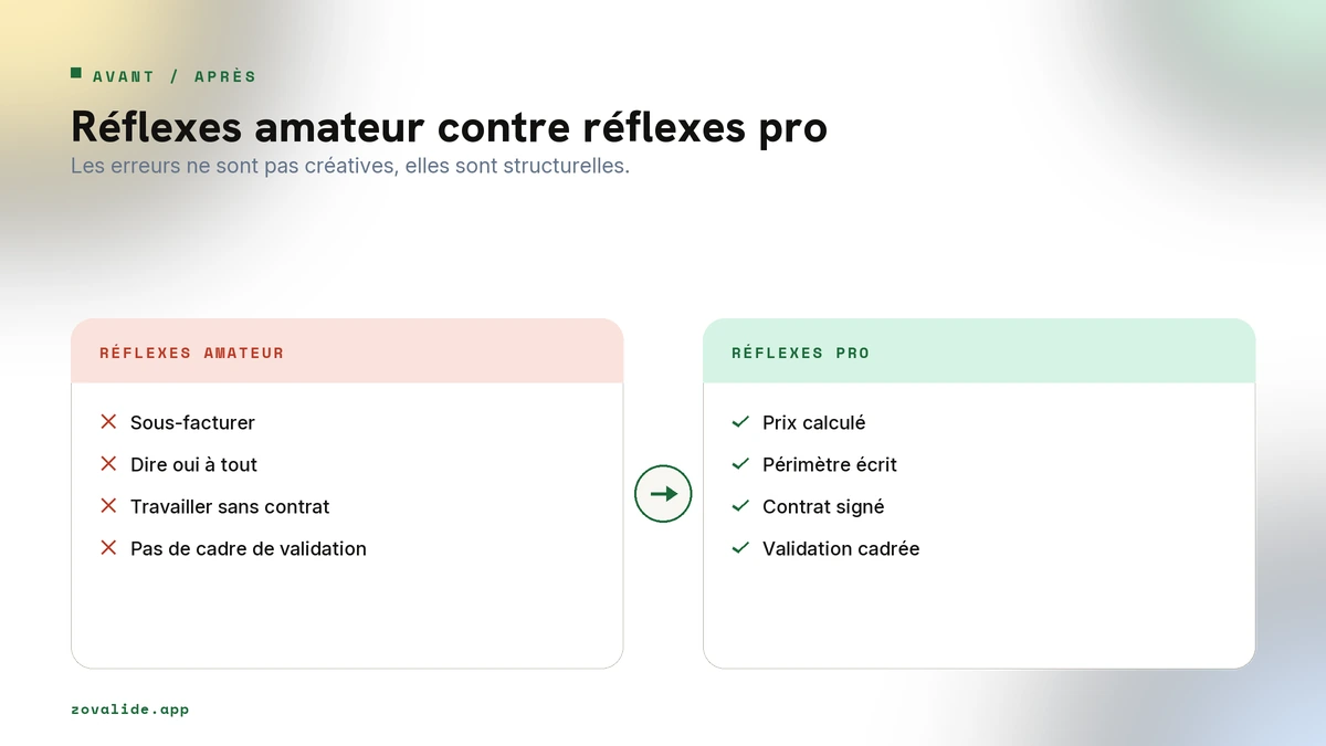 Réflexes de débutant qui coûtent des clients contre réflexes de freelance qui cadre son activité