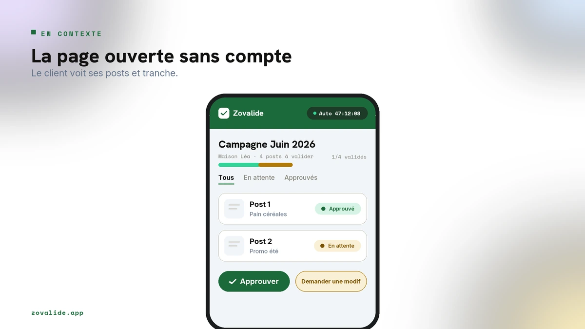 La page de validation que le client ouvre sans créer de compte