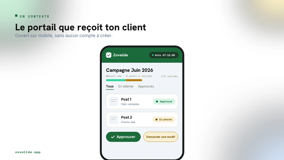 Portail de validation côté client, ouvert sur mobile sans aucun compte
