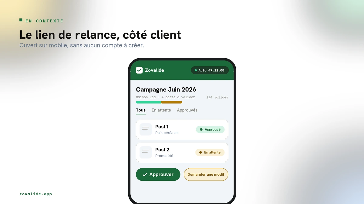 Le lien de validation que reçoit le client en relance, ouvert sur mobile sans aucun compte à créer